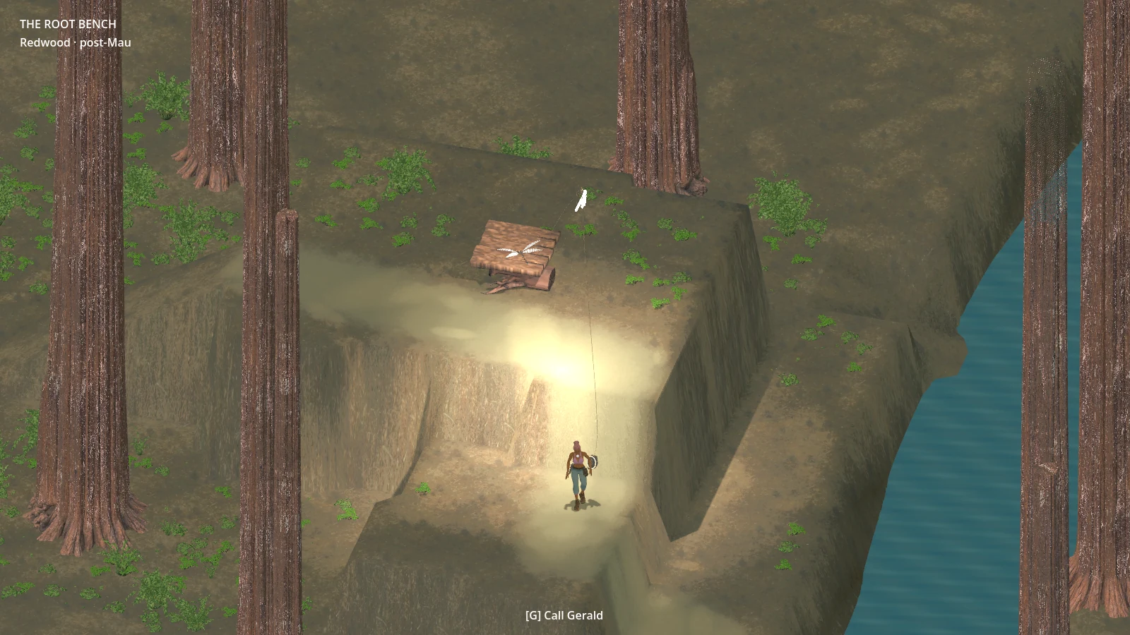 A character beneath a lit redwood-bank ledge, with a dragonfly above and creek water alongside.